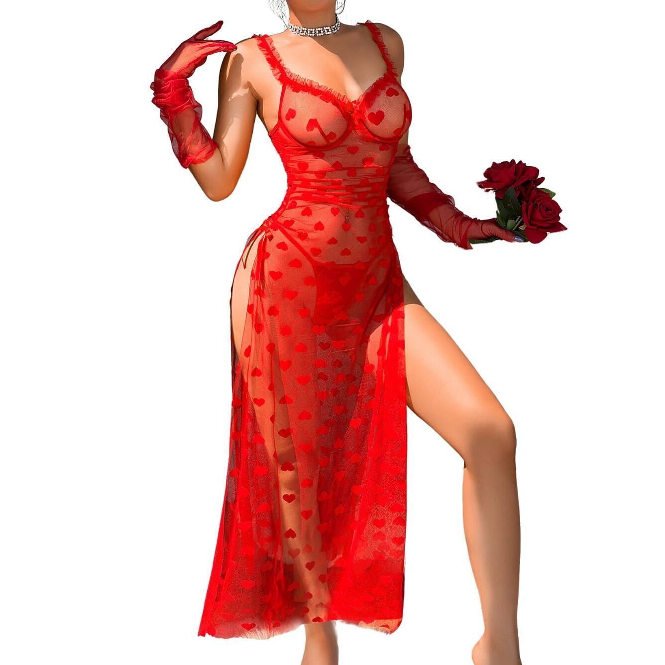 4669 Sexy Heart Lingerie Set, Underwire High Slit Bow Maxi Dress